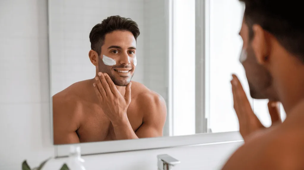Hombre con piel saludable aplicando crema hidratante en el rostro frente al espejo, representando una rutina de cuidado facial para hombres.